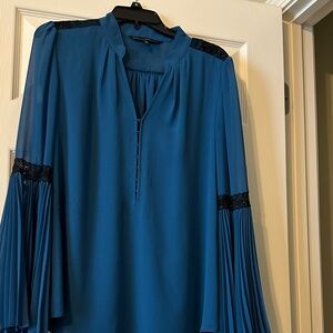 White House Black Market Blue Blouse with Lace Accents